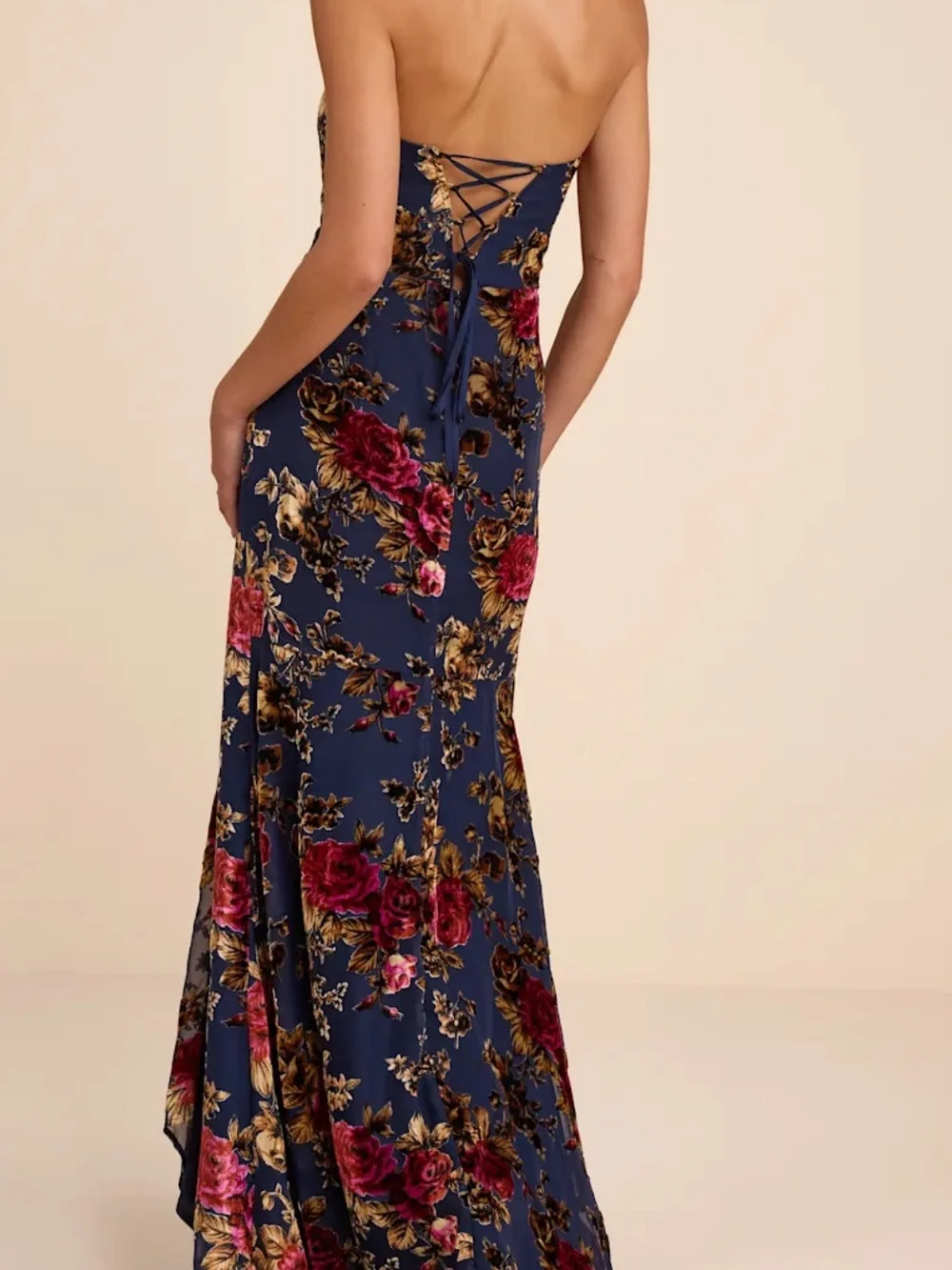Lulu’s Anoah Navy Floral Velvet Burnout Strapless Maxi Dress in X-Small - Picture 2 of 8